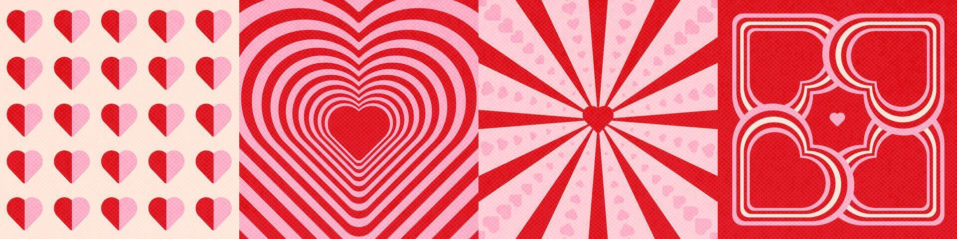 Set groovy lovely square cards, posters, backgrounds. Trendy love concept. Happy Valentine's day design. Trendy retro 60s 70s cartoon style. Pink, red colors. vector