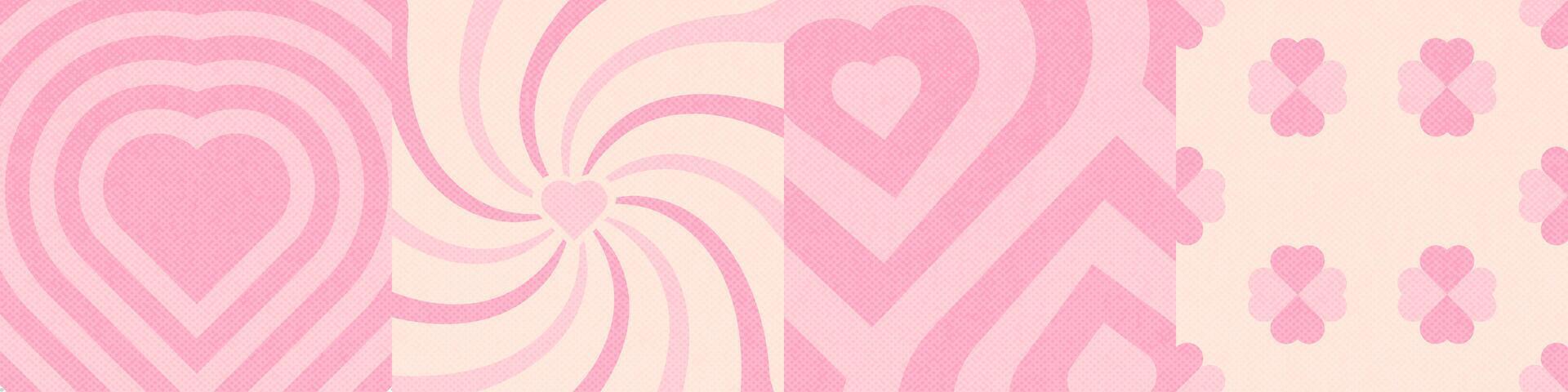 Set of groovy lovely backgrounds or covers. Love retro concept. Happy Valentines day collection. Fun pattern and texture in trendy vintage 60s 70s cartoon style. vector