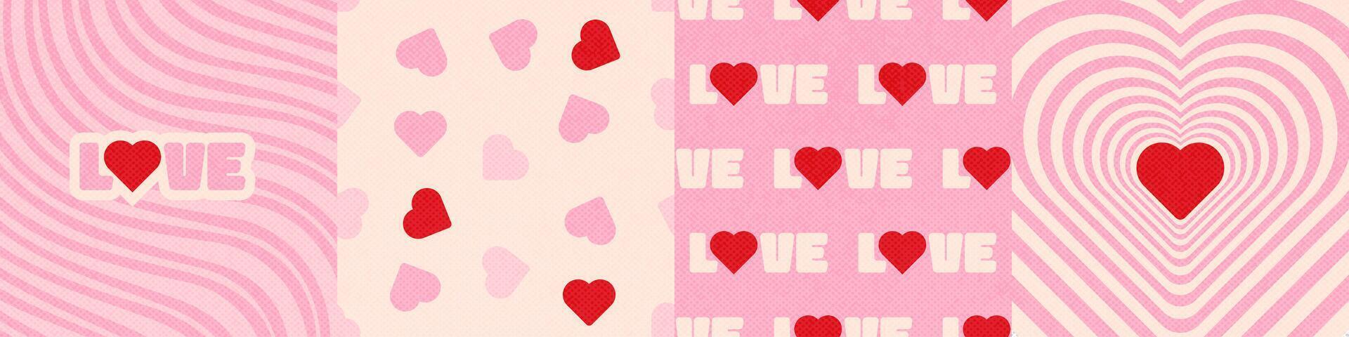 Romantic vintage square covers with hearts, words LOVE, stripes. Modern retro flat illustration for Valentine's day decoration. Aesthetic print in style 60s, 70s. vector