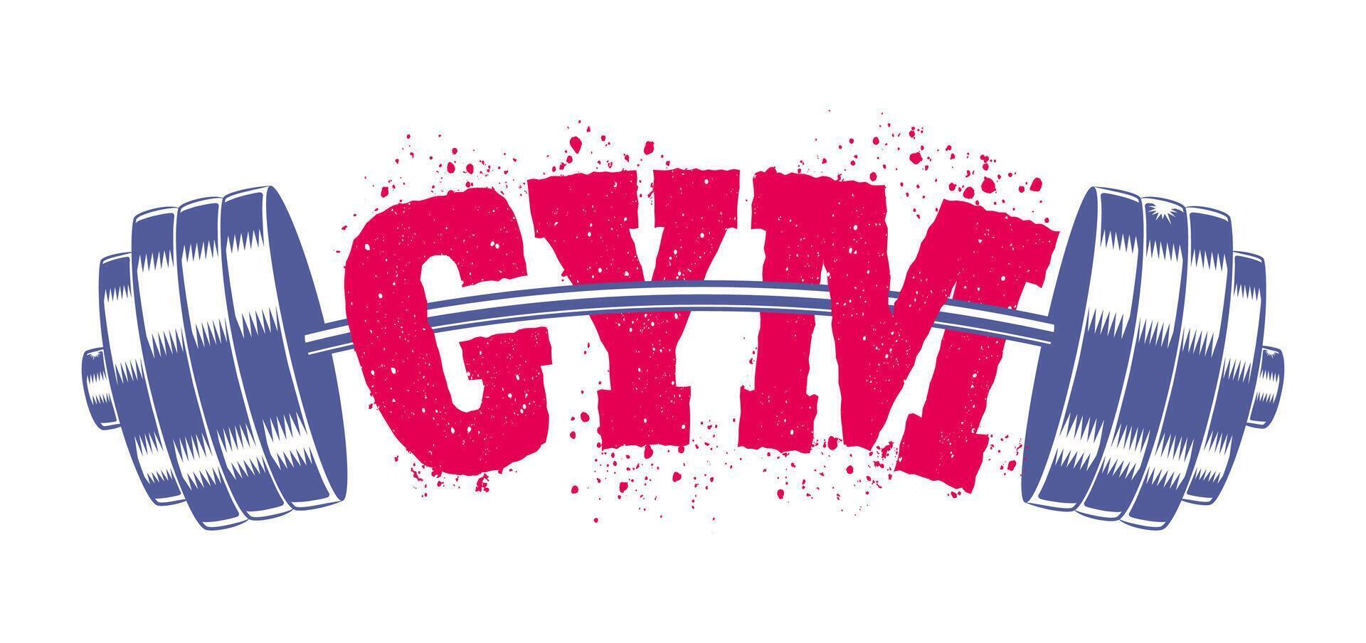 Vintage emblem for gym with barbell. Emblem of steel barbell for bodybuilding and fitness. vector