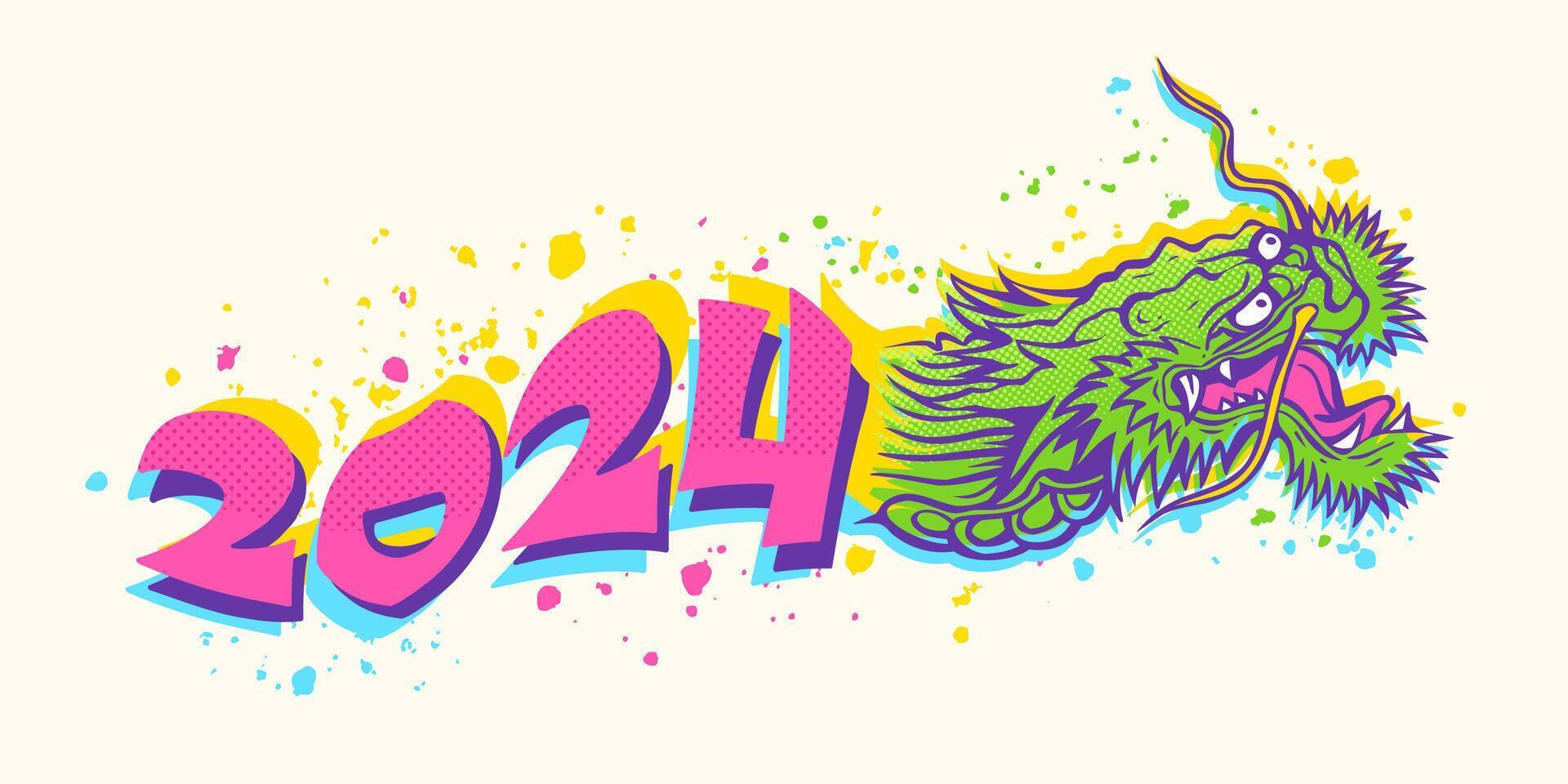 Illustration of a head of Chinese dragon for new year 2024. Asian green dragon in glitch style. vector