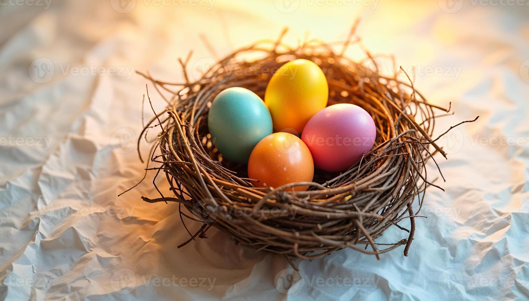 Colorful Easter eggs nestled in a twig nest photo