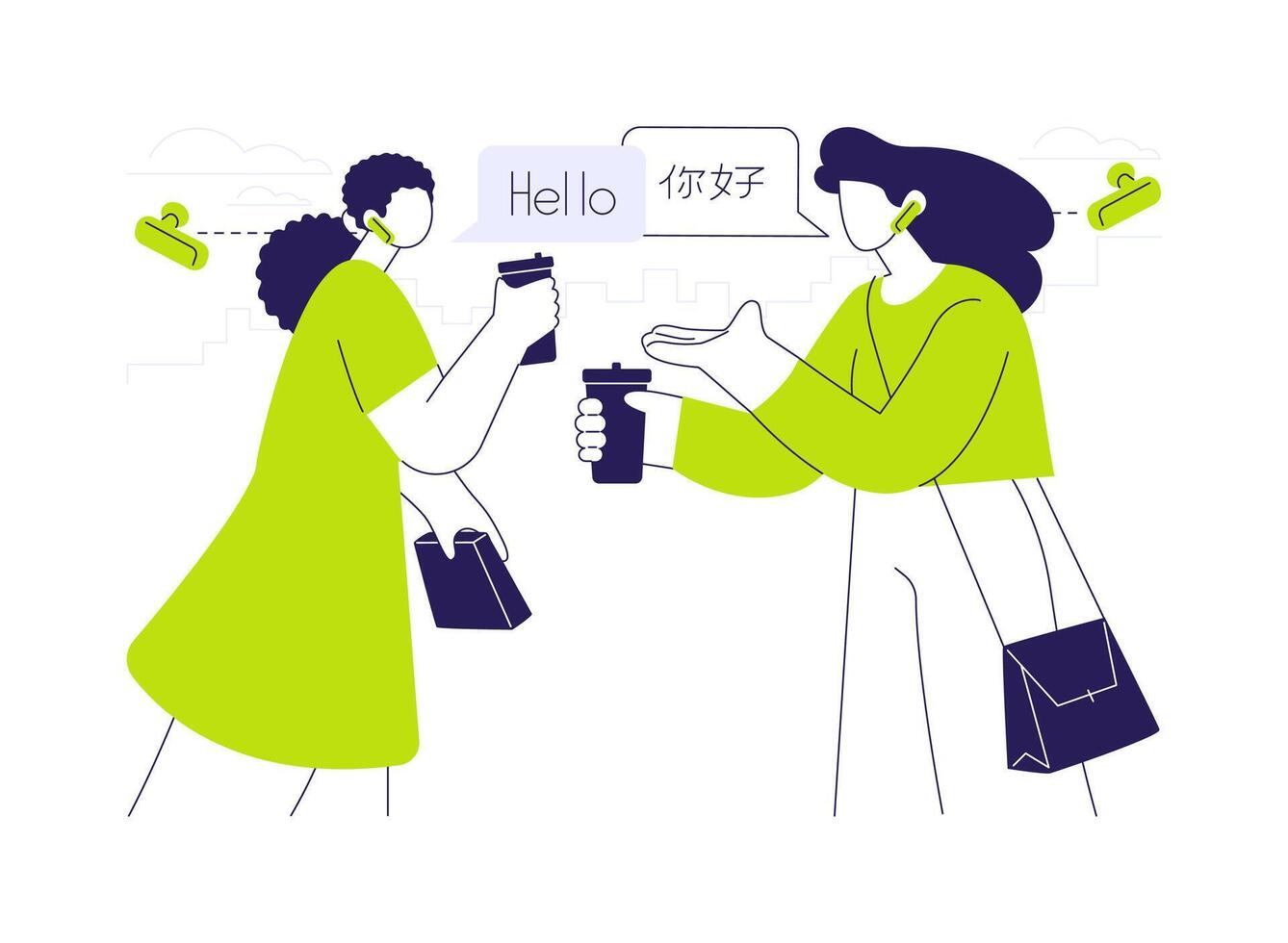 Earbuds for translation in real-time abstract concept illustration. vector