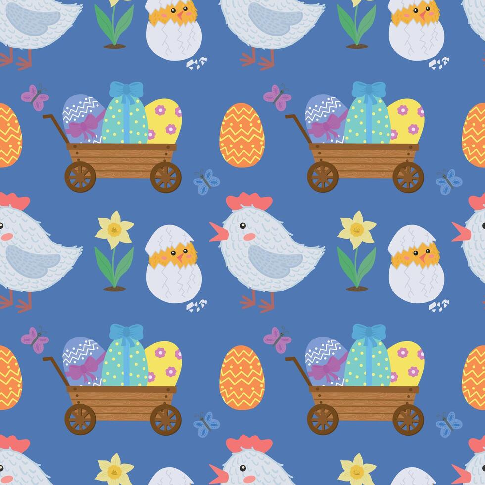 Seamless pattern with Easter eggs, chicken, chicken, flowers. illustration of Easter wrapping paper design with colorful eggs - seamless background. . vector