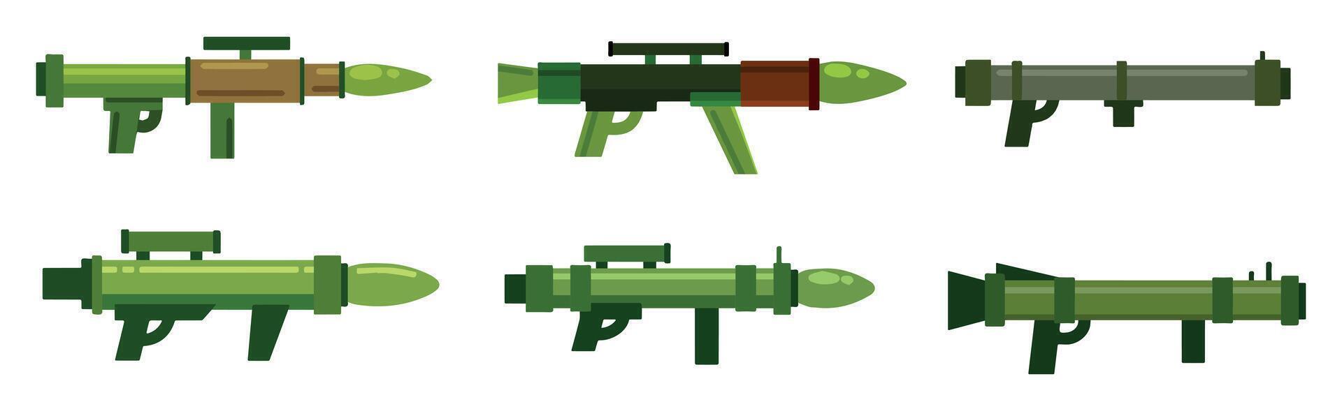 Bazooka gun. Rocket launcher. War and battle element. Explosive missile handgun. Flat grenade military firearm. Cannon or rifle weapon. Army anti tank bazooka equipment vector