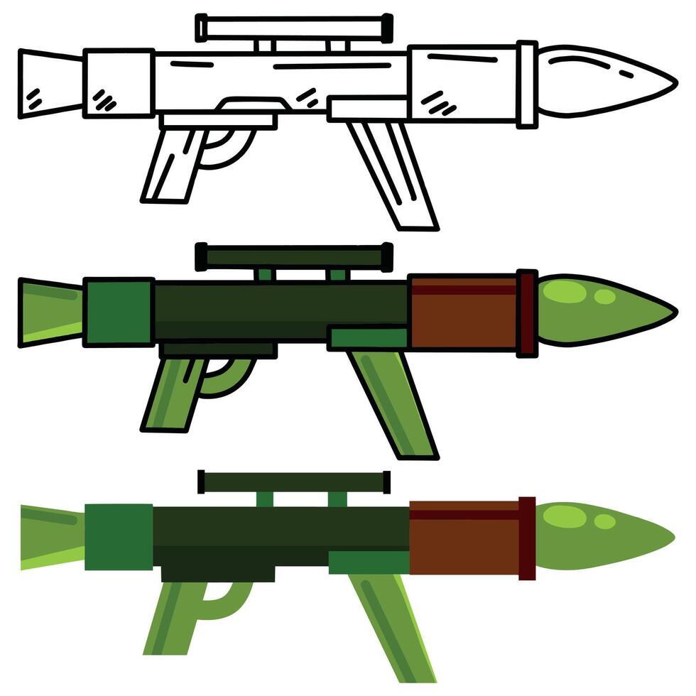 Bazooka gun. Rocket rpg. War and battle element. Explosive missile handgun. Flat grenade military firearm. Cannon or rifle weapon. Army anti tank bazooka equipment vector