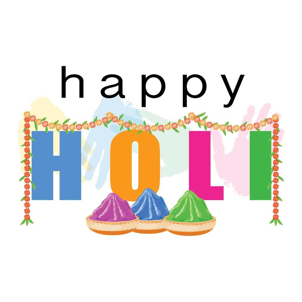 Vibrant Holi celebration with garlands, mango leaves, colorful powders, and joyful handprints on the background vector