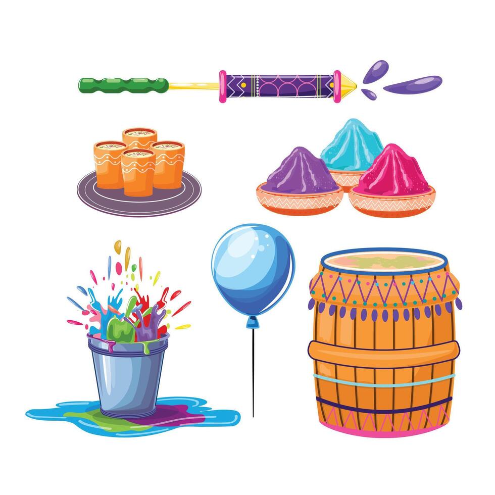 Holi celebration set featuring colorful powders, pichkari, drums, and traditional Indian thandai cups on a plate vector