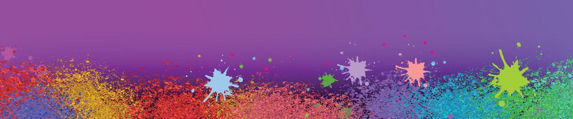 Purple long horizontal banner featuring colorful powder splashes and copy space, perfect for parties and festivals vector