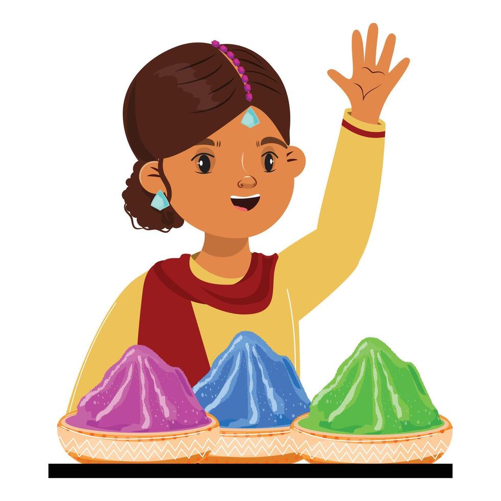 Happy Indian girl waving and celebrating Holi festival, vibrant powders in bowls around her, joyful illustration vector