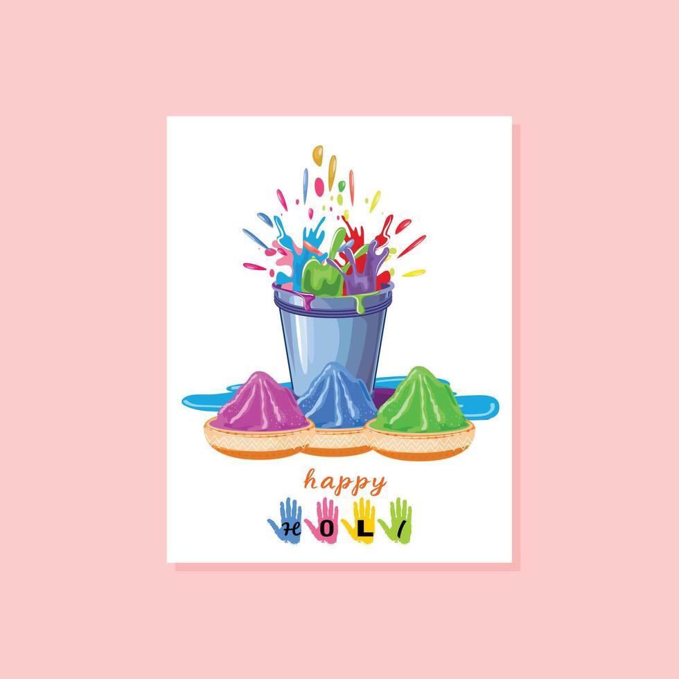 Vibrant Holi card design with colorful bucket splashes, powder bowls, and playful handprints vector