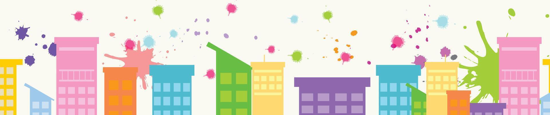 Horizontal Holi festival banner featuring colorful splashes, vibrant buildings, and joyful design vector