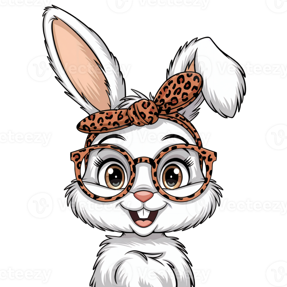 A cheerful rabbit wears stylish leopard-print glasses and a matching headband cutouts png