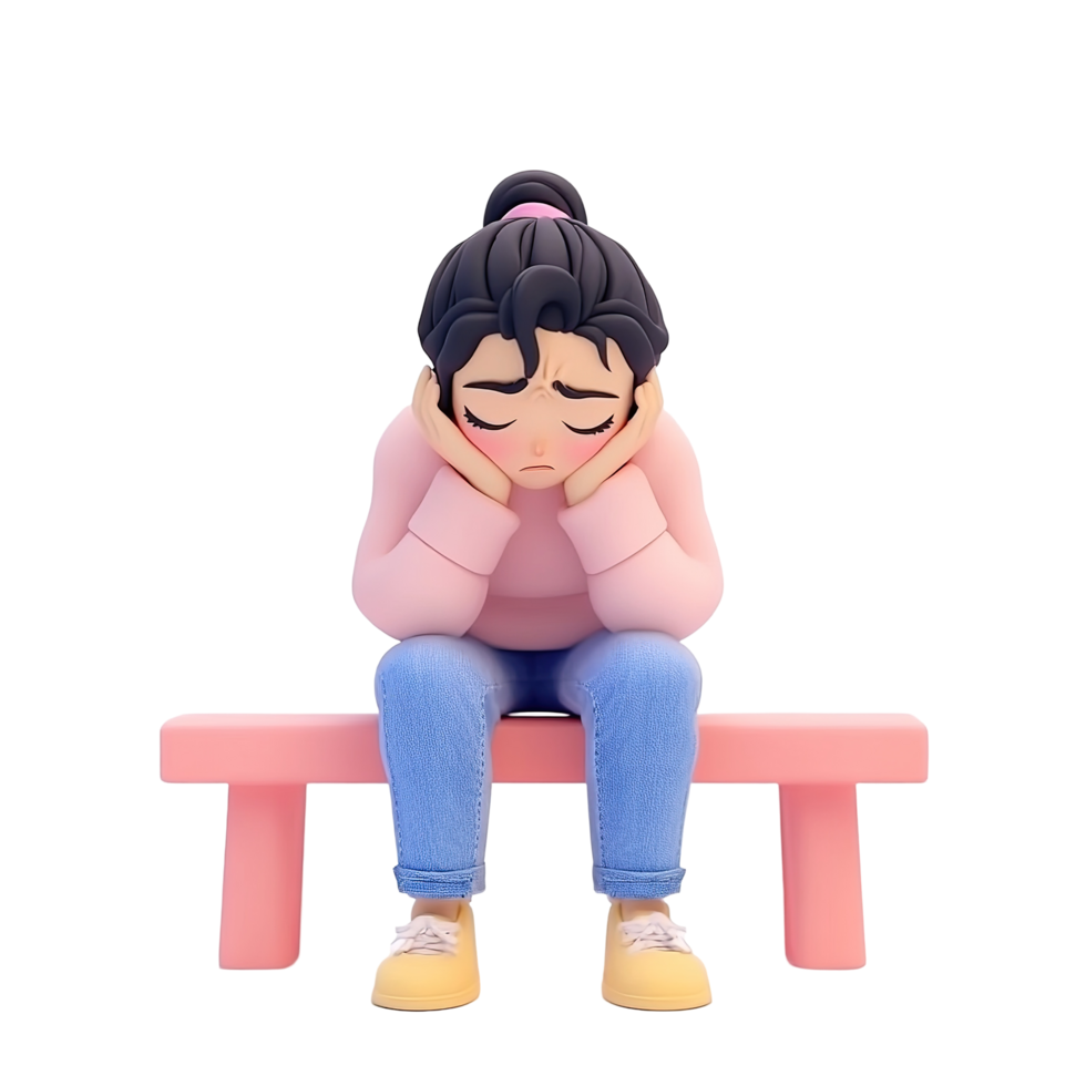 Sad girl sits on a pink bench feeling down png