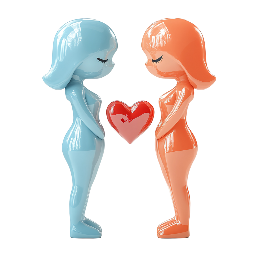 Two stylized figures stand facing each other with a heart png