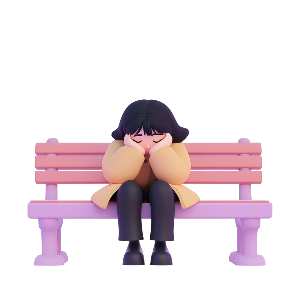 Sad girl sitting alone on a park bench png