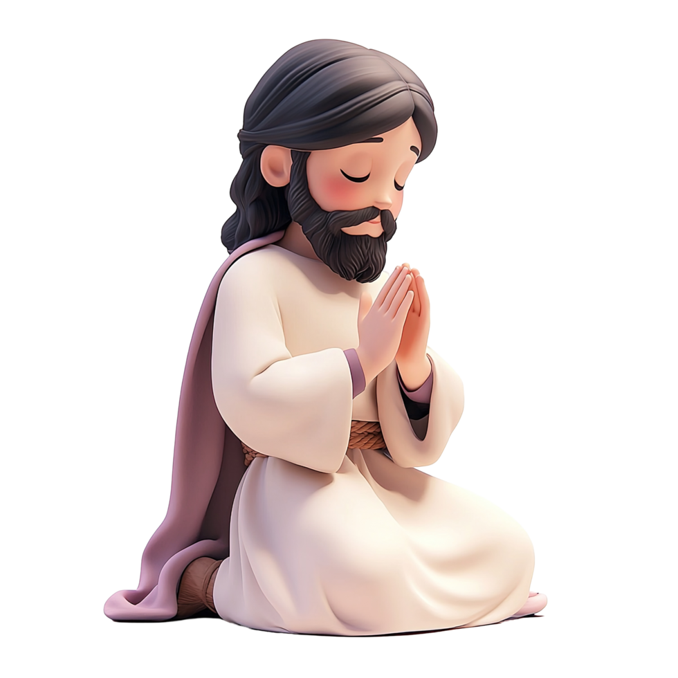 A stylized 3D model of Jesus Christ kneeling in prayer png