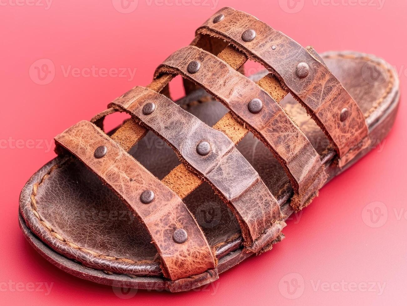 Brown leather gladiator sandals on red background photo