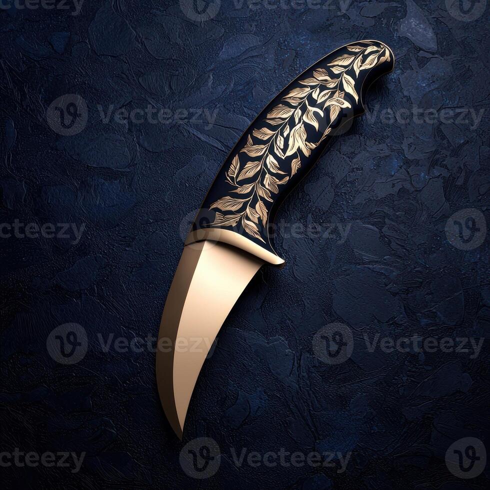 Elegant gold and black knife with intricate leaf design photo