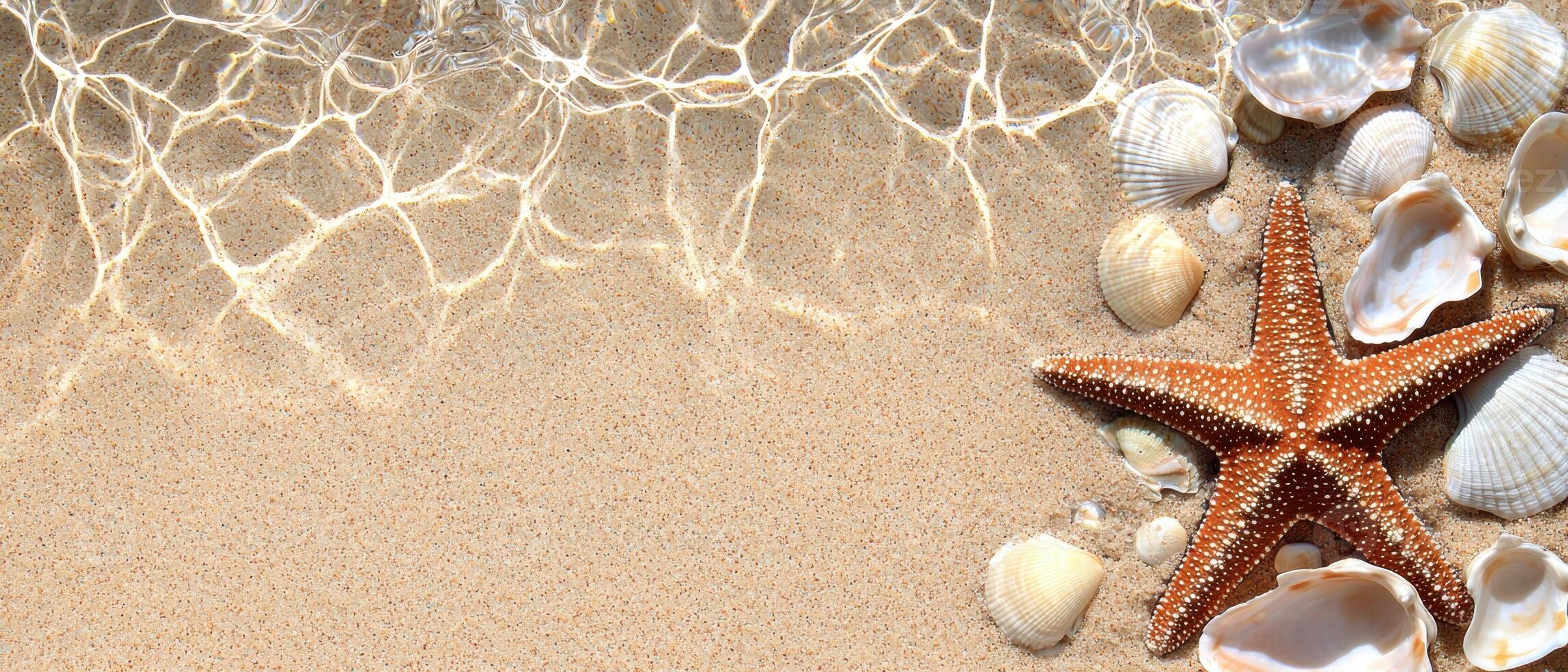 Seashells and starfish on sandy beach with clear water photo