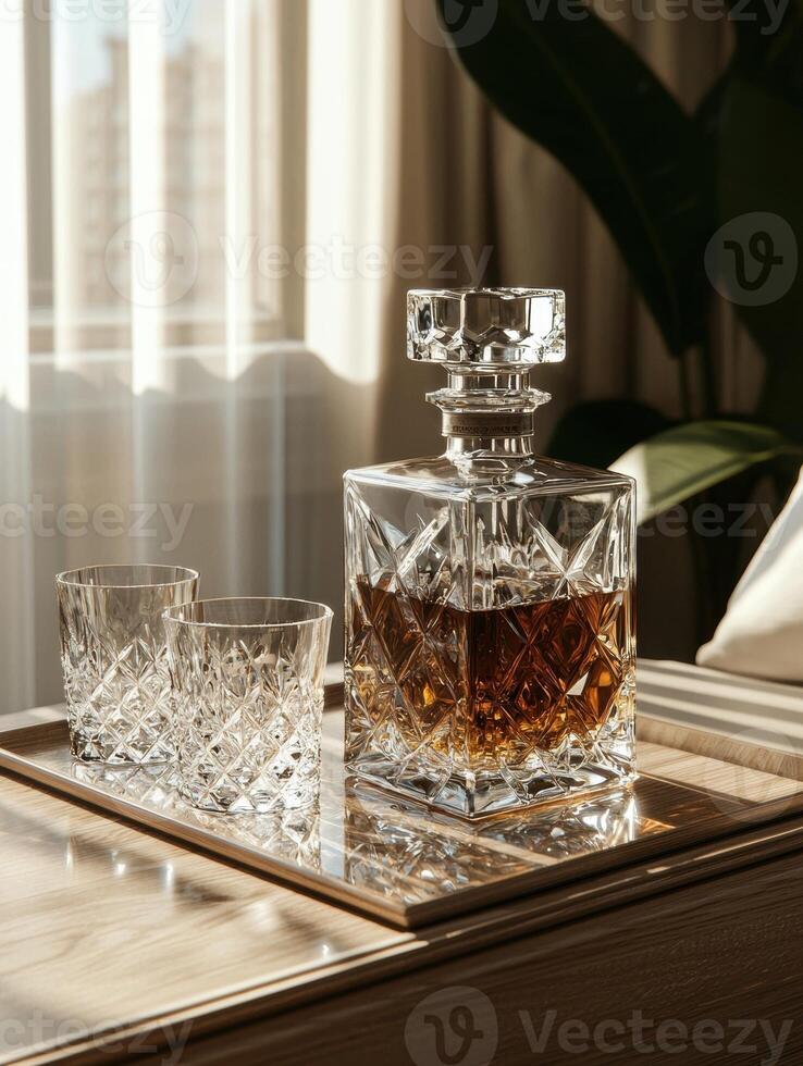 Crystal decanter of amber liquor with two glasses on a wooden tray photo