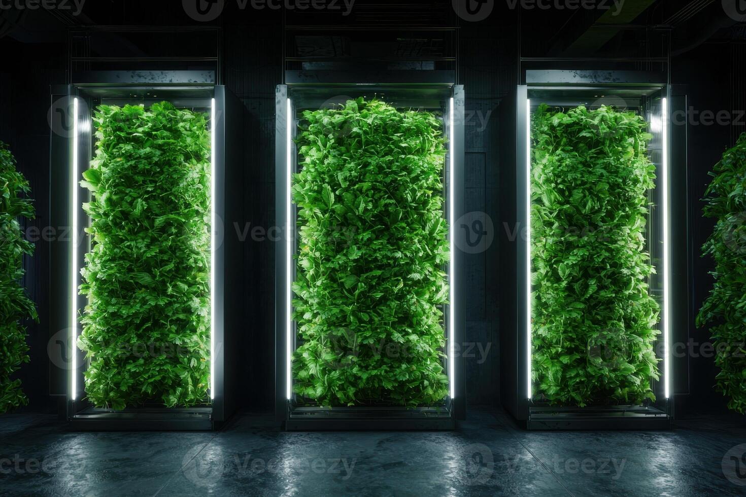 Futuristic vertical farm with glowing plants photo