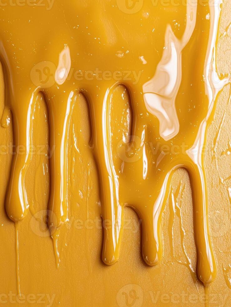 Golden caramel sauce dripping down, delicious dessert topping photo