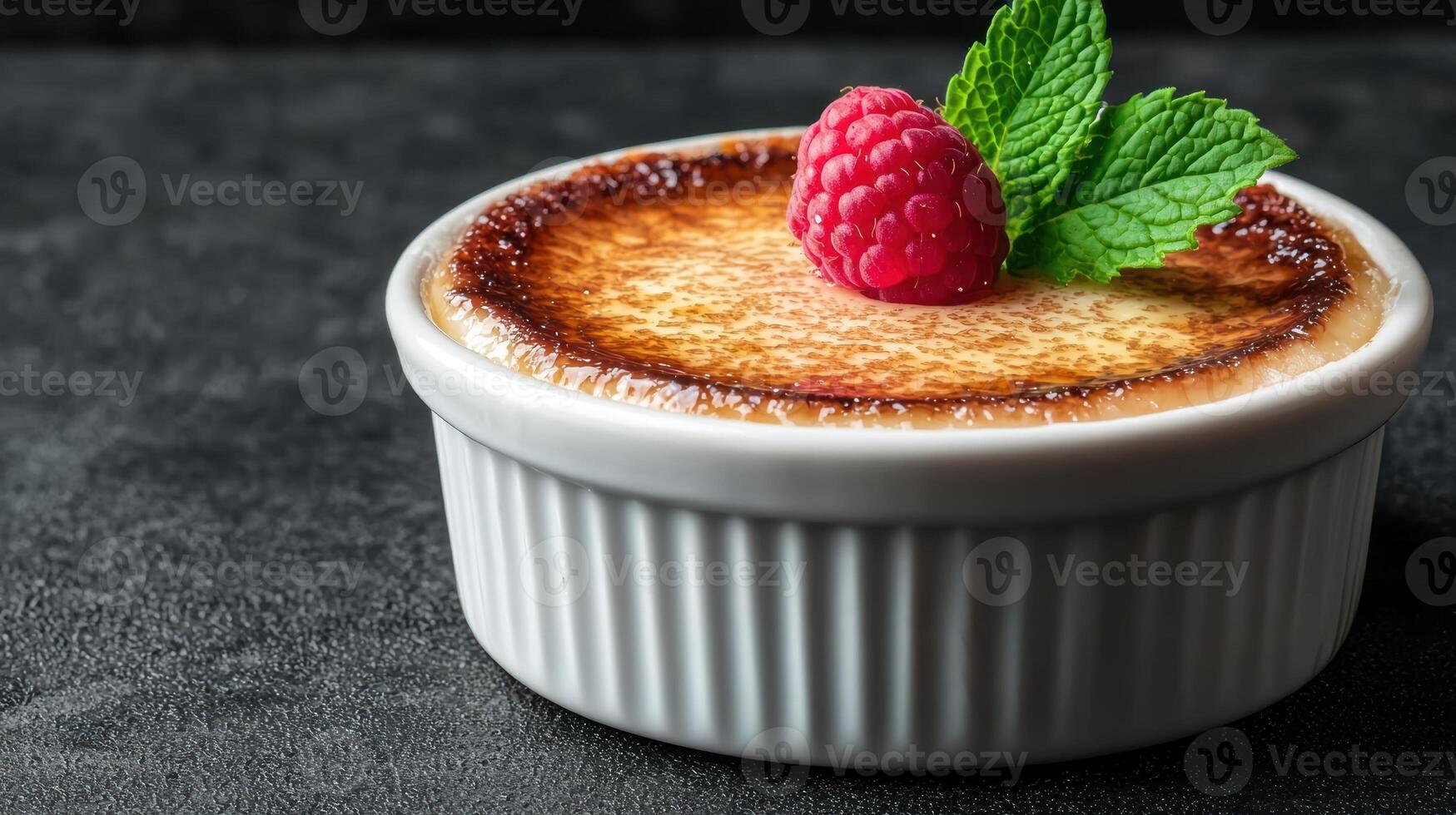 Close up of a creamy creme brulee dessert with raspberry and mint garnish photo
