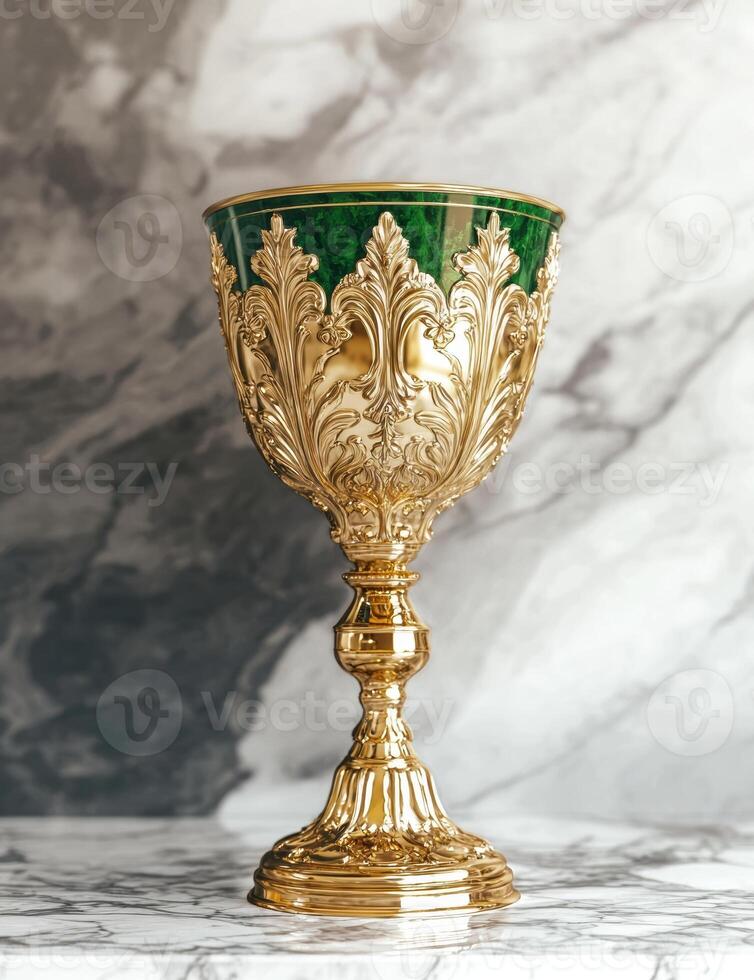 Ornate golden chalice with green inlay on marble surface photo