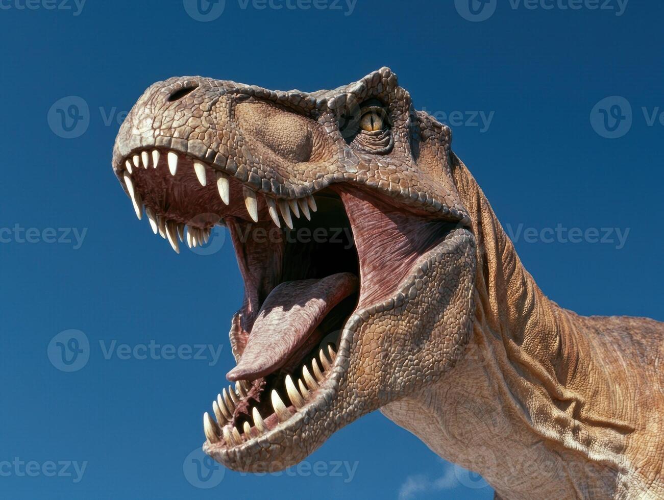 Close up of a roaring dinosaur model against a clear blue sky photo