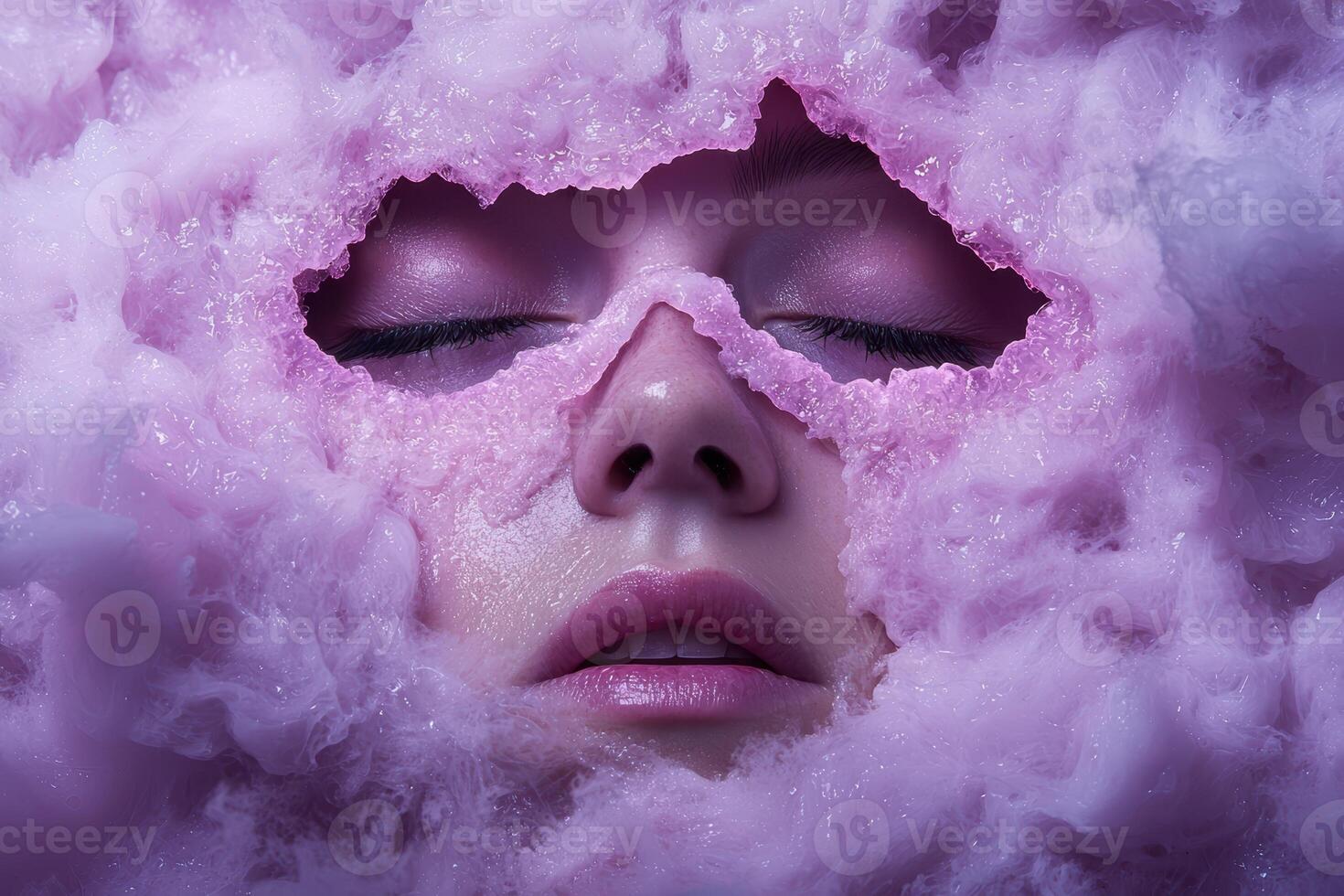 Womans face partially covered with pink crystal like substance photo