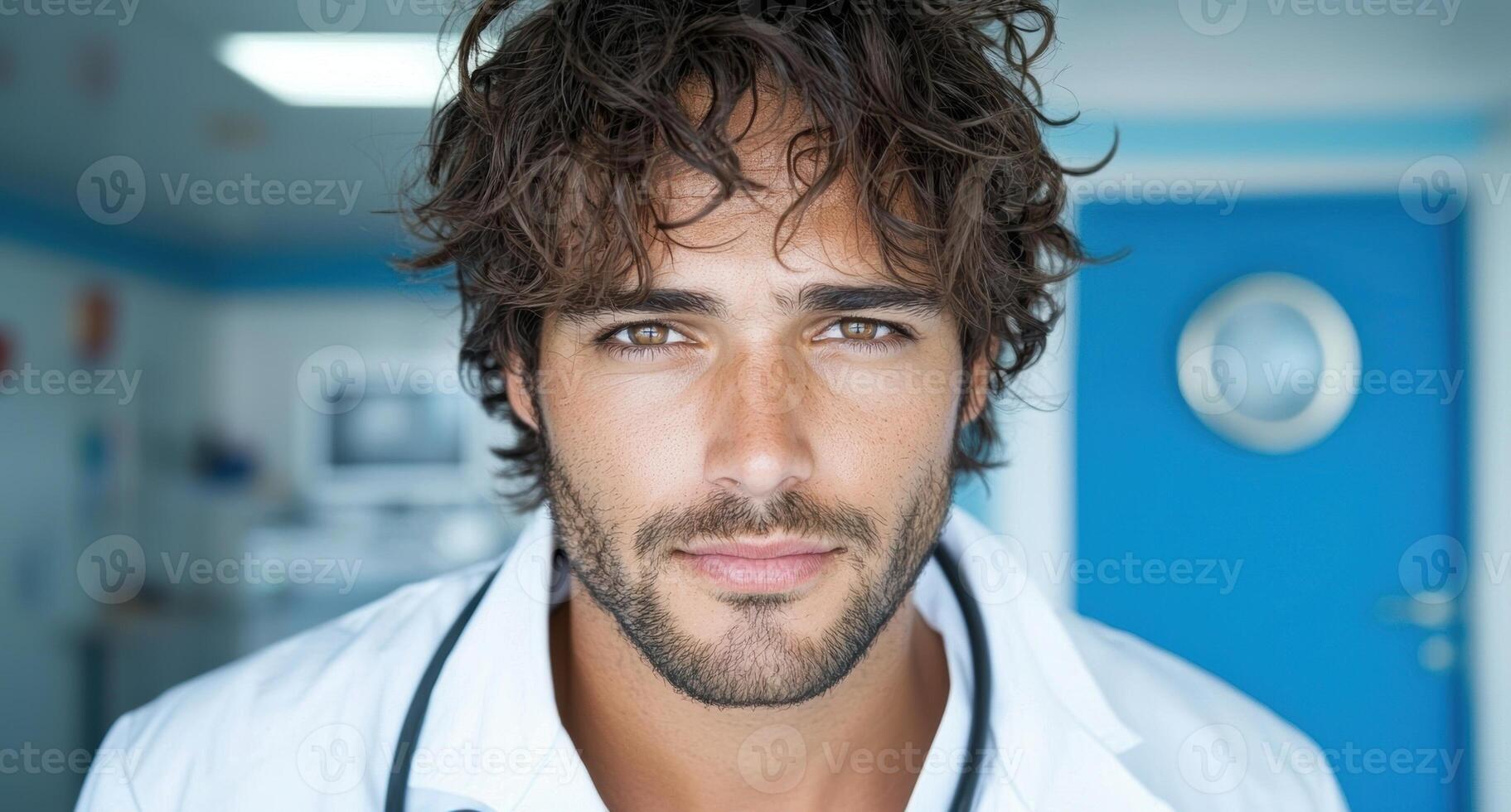 Portrait of a handsome male doctor in a white coat. photo