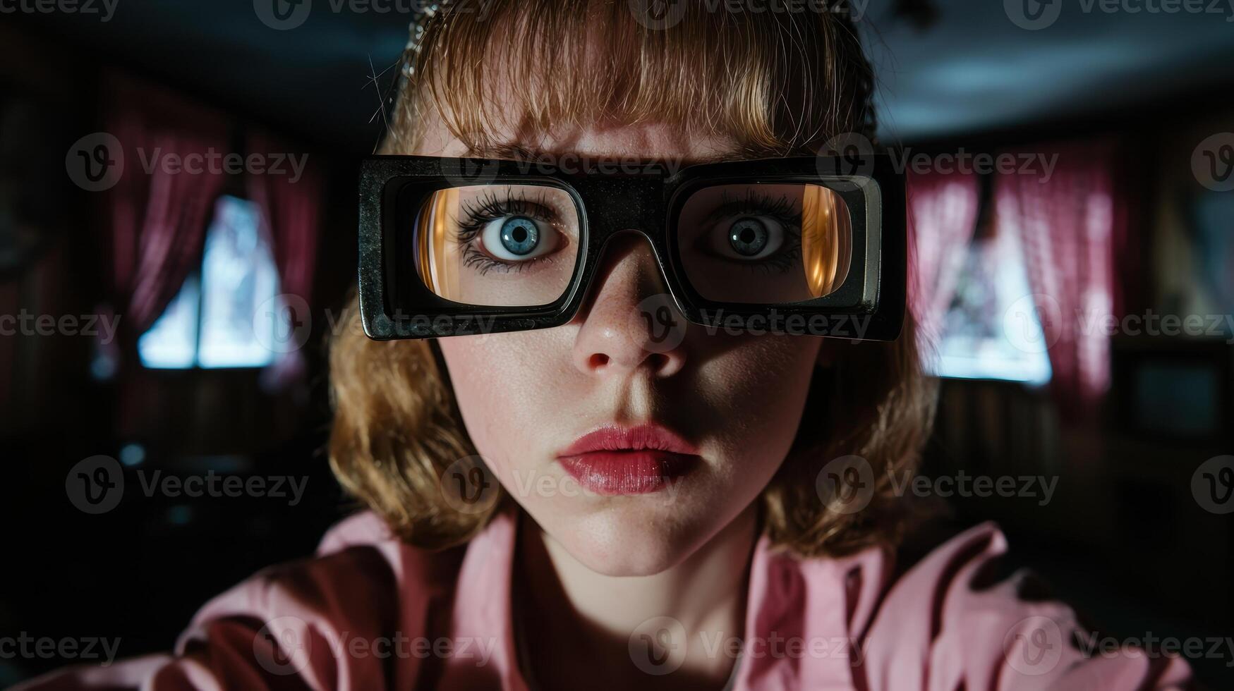 Close up portrait of a young woman wearing large glasses, looking surprised photo