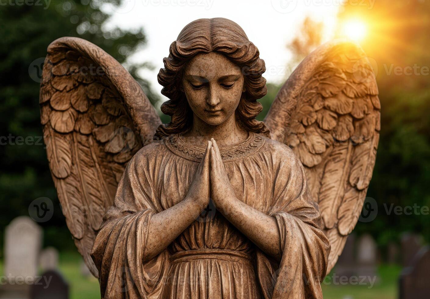 Praying angel statue in a cemetery at sunset photo