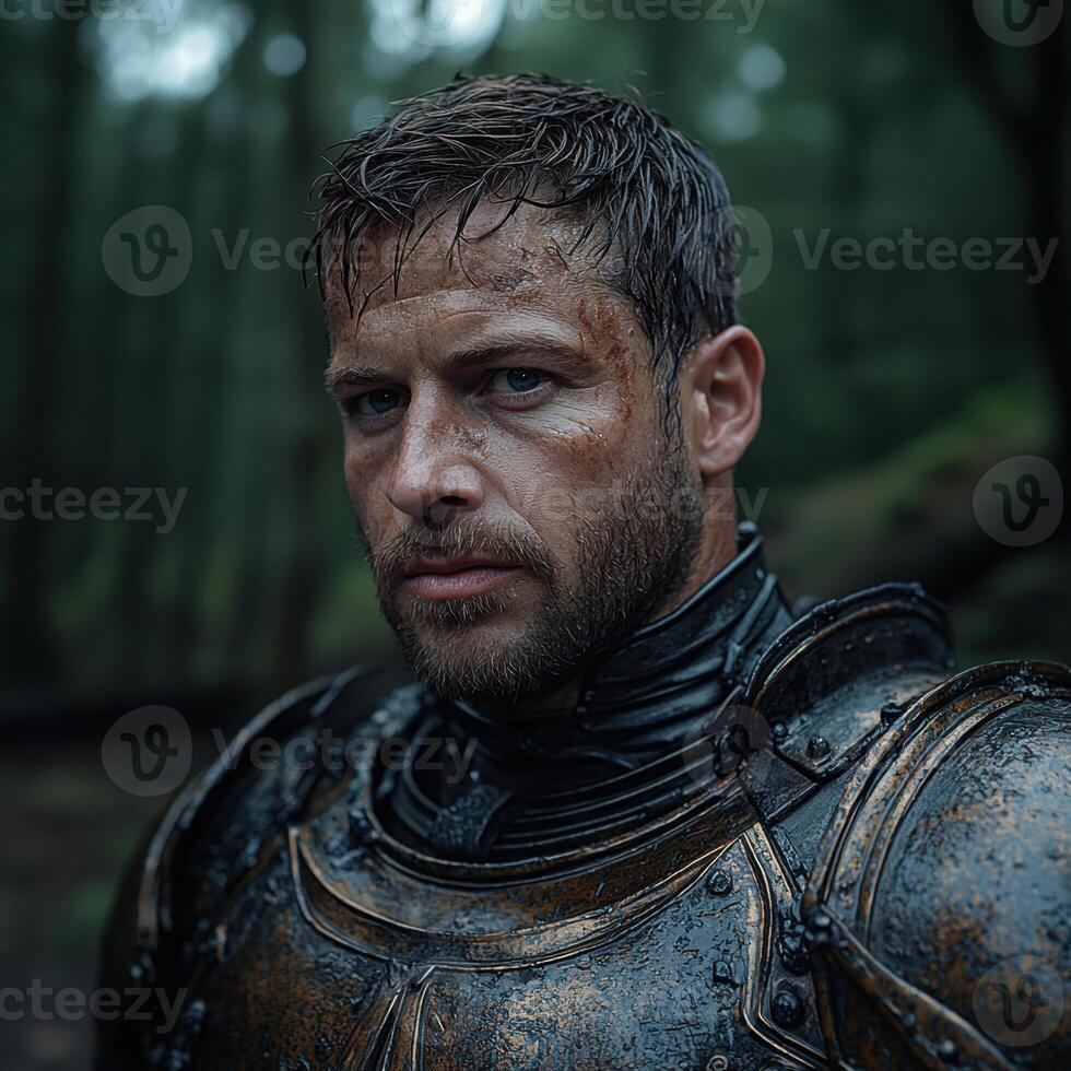 Portrait of a strong medieval knight in armor. photo