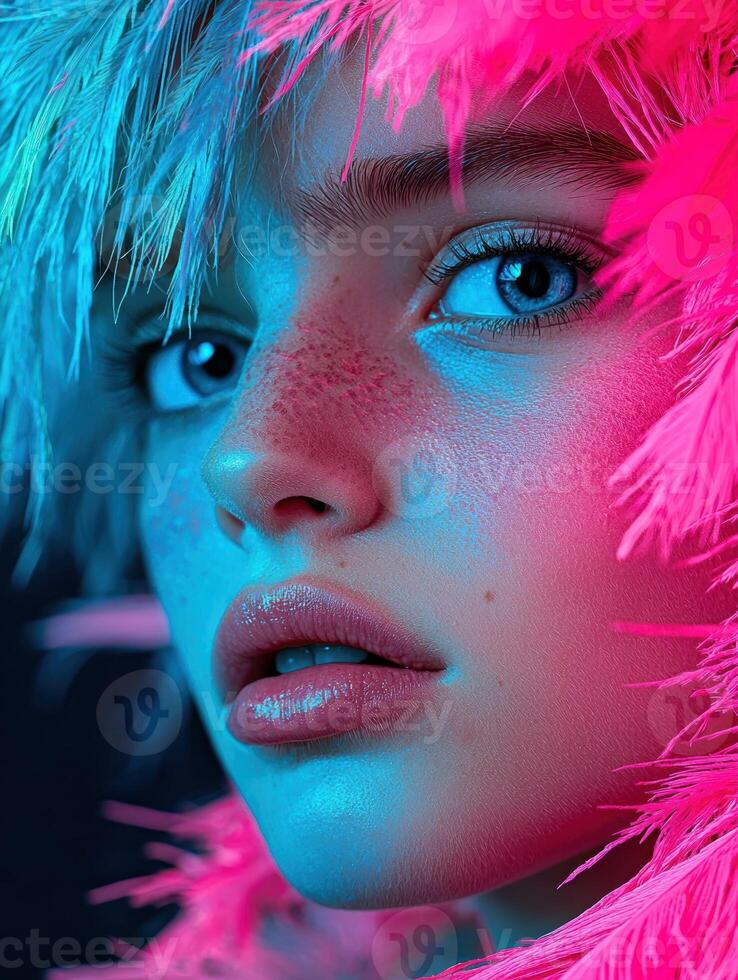 Close up portrait of a young woman with vibrant makeup and feathers photo