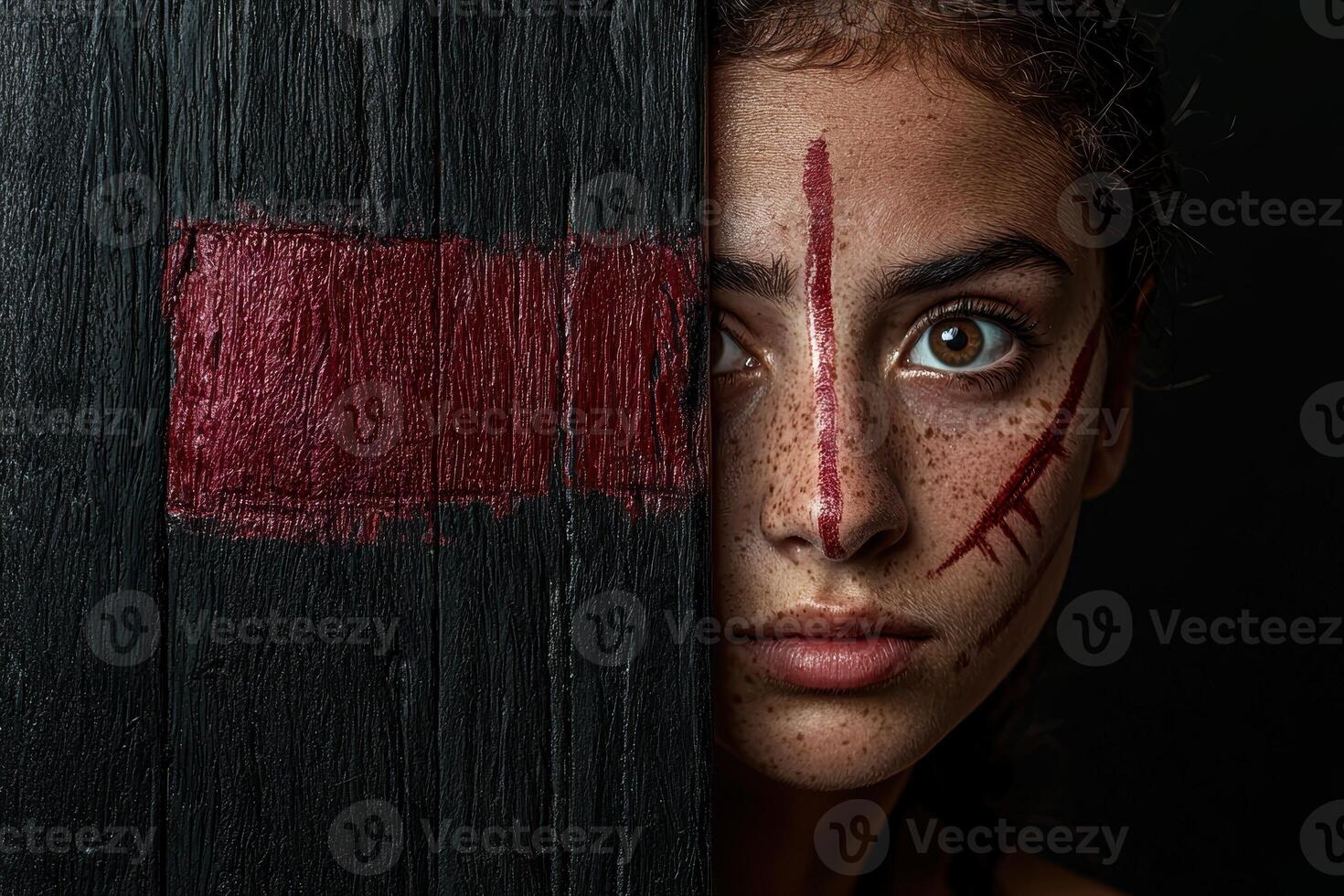 Mysterious woman with red war paint on her face, partially hidden behind a dark wooden plank photo