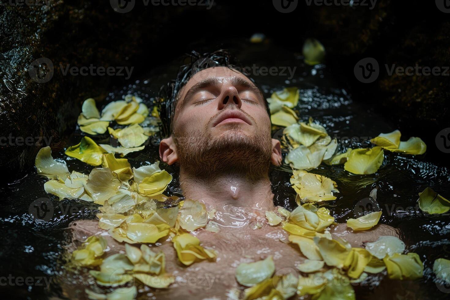Man relaxing in a bath with rose petals photo