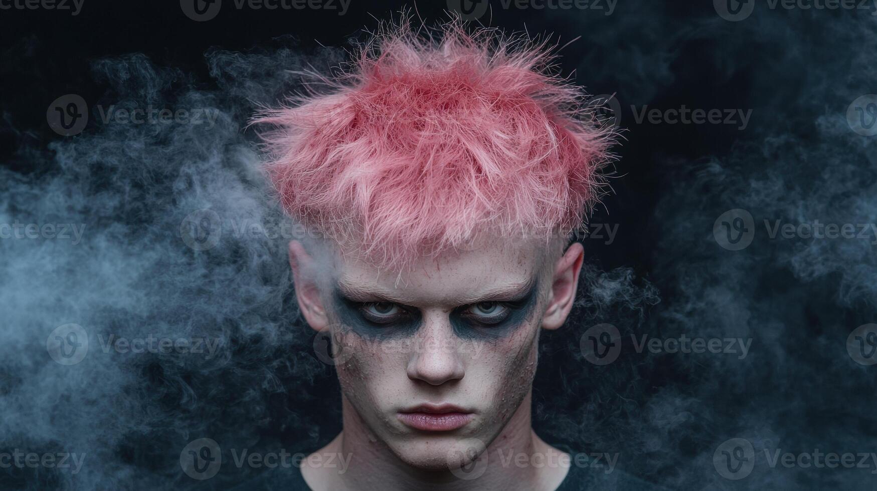 Mysterious man with pink hair and dark makeup in smoky environment photo