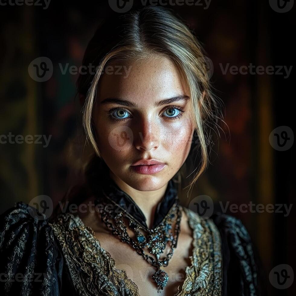 Portrait of a young woman with freckles and blue eyes wearing a dark dress and ornate necklace photo
