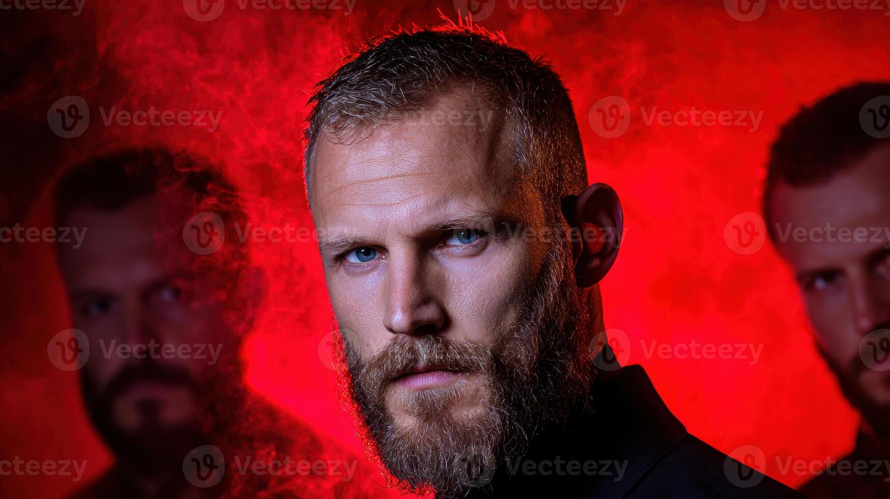 Serious man with beard looking at the camera, two blurred men behind him in red light photo