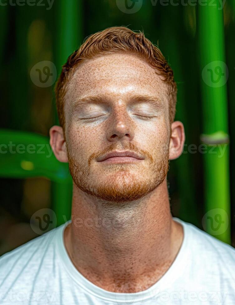 Peaceful redhead man meditating in nature photo