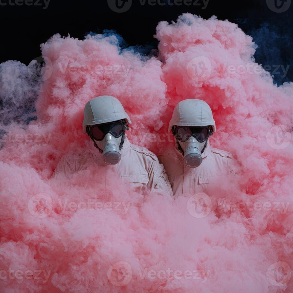 Two figures in gas masks stand amidst a pink smoke cloud photo