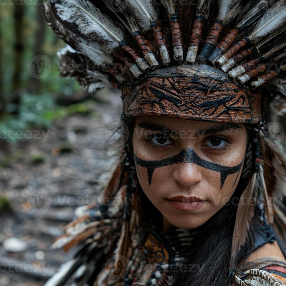 Close up portrait of a Native American woman in traditional headdress photo