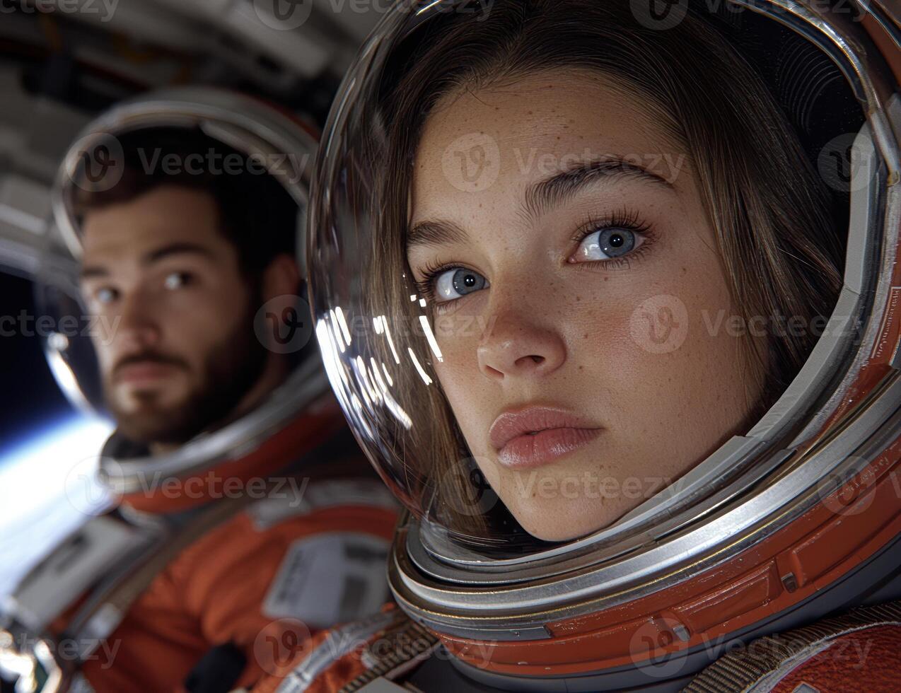 Astronauts in space suits looking out at Earth photo