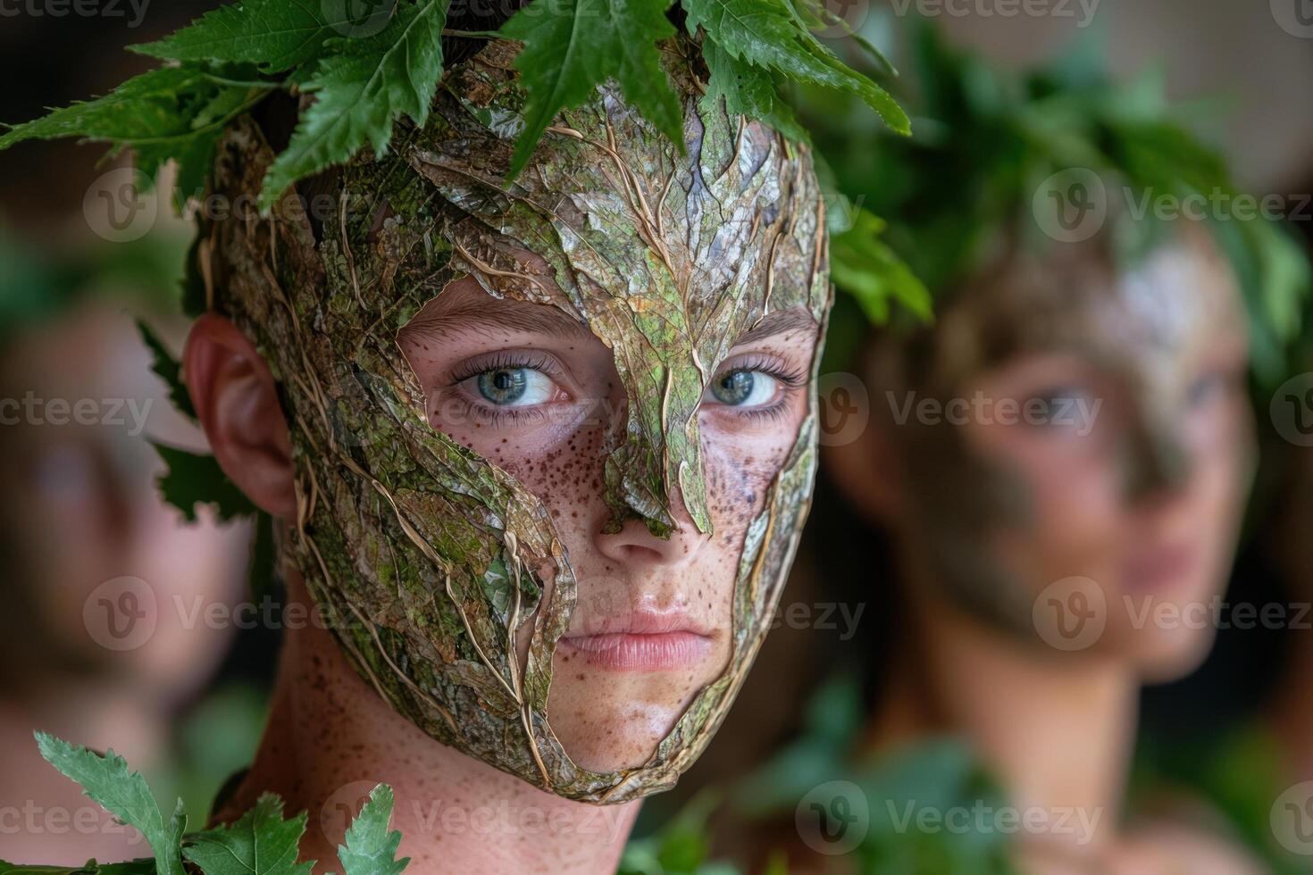 Close up of a person wearing a leaf mask photo