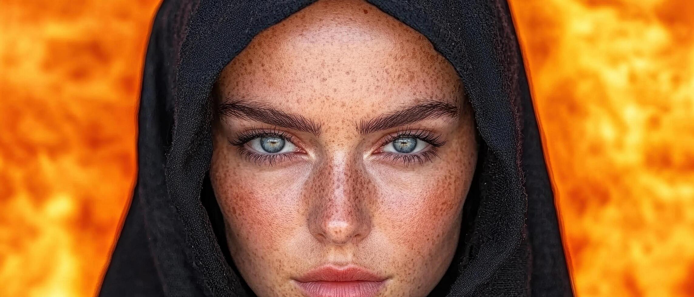 Close up portrait of a woman with freckles and intense blue eyes, wearing a black hijab against a fiery orange background photo