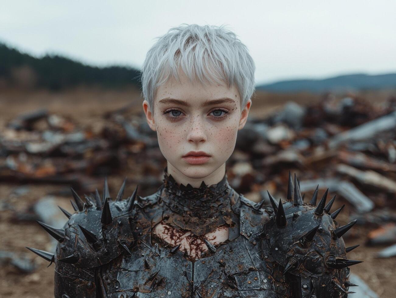 Post apocalyptic warrior woman in wasteland photo