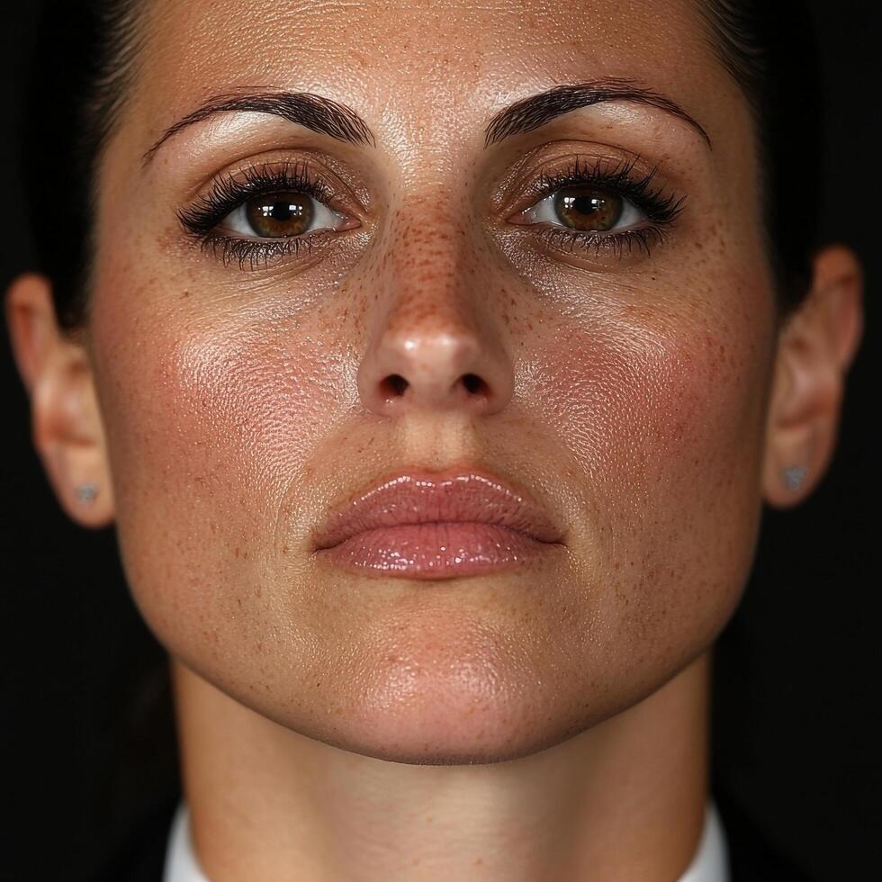 Close up portrait of a woman with freckles and serious expression photo