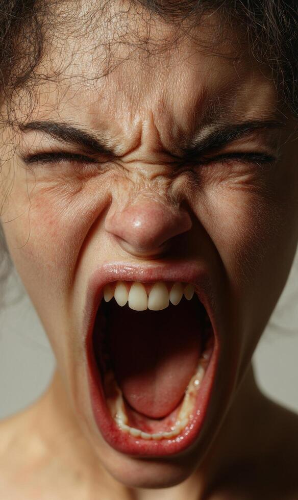 Close up of a womans face screaming photo